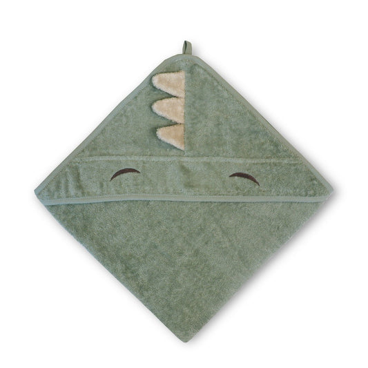Nuuro Aki Baddoek met Capuchon – Zachte 100% Biologisch Katoenen Handdoek met Borduursel en Spikes – Lichtgroen Dino, 70 x 70 cm