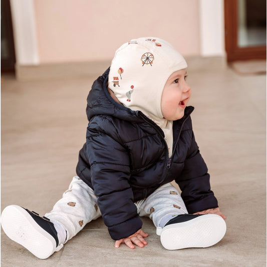 Nuuroo Alma Balaclava in Organic Cotton Jersey – Zachte en Warme Hoofdbedekking voor Kinderen – Kleur: Crème - Circus, 50% Biologisch Katoen, 45% Modal, Maat 41-52